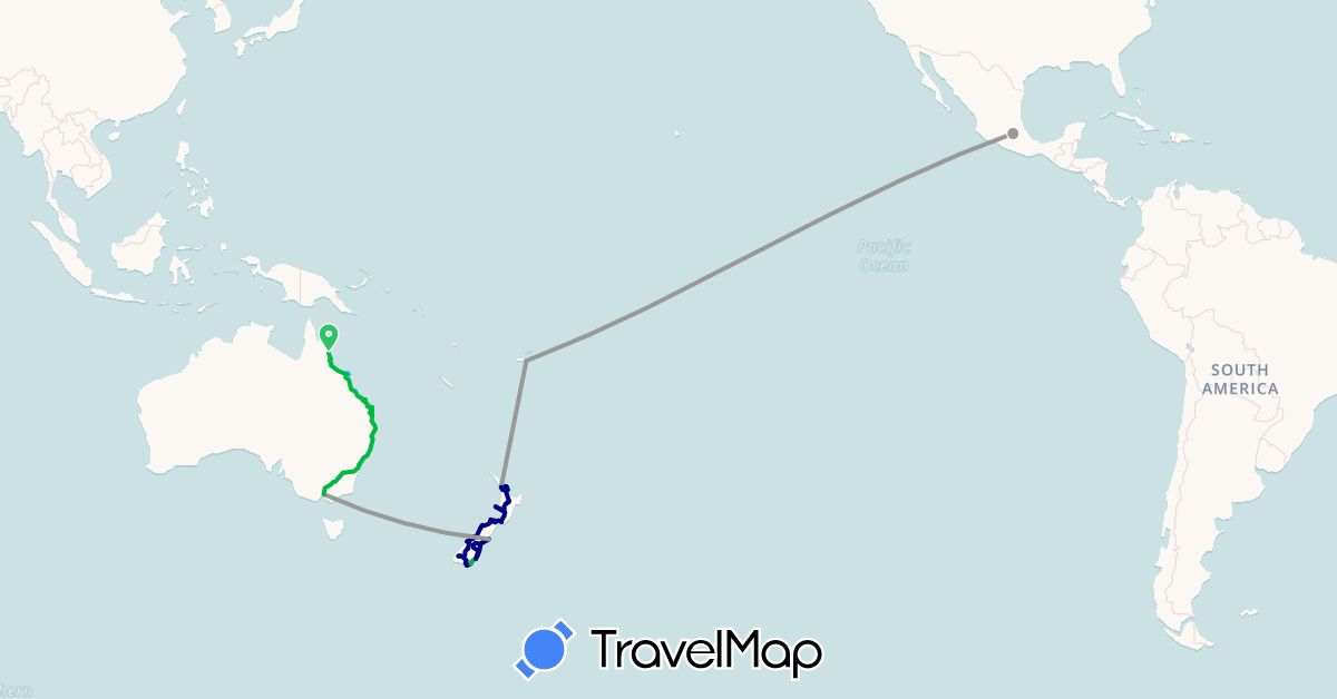 TravelMap itinerary: driving, bus, plane, boat in Australia, Fiji, Mexico, New Zealand (North America, Oceania)
